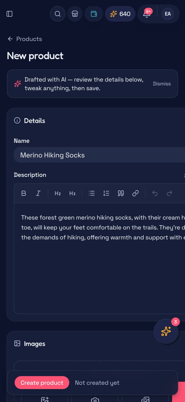 A product listing drafted from one sentence