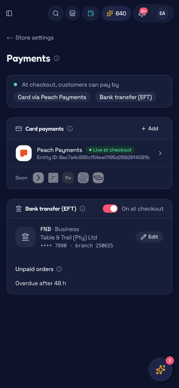 Payments: card via Peach Payments and bank transfer, both on at checkout