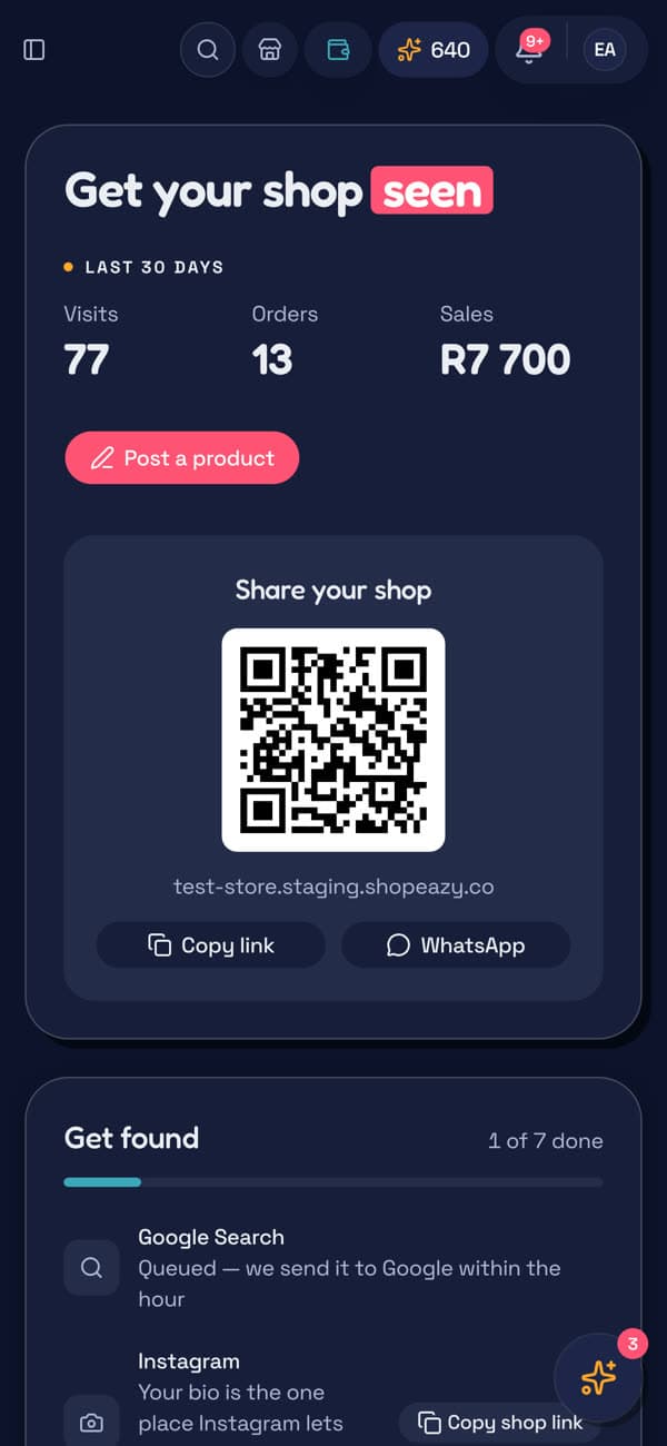 Share your shop: QR code, Copy link and WhatsApp