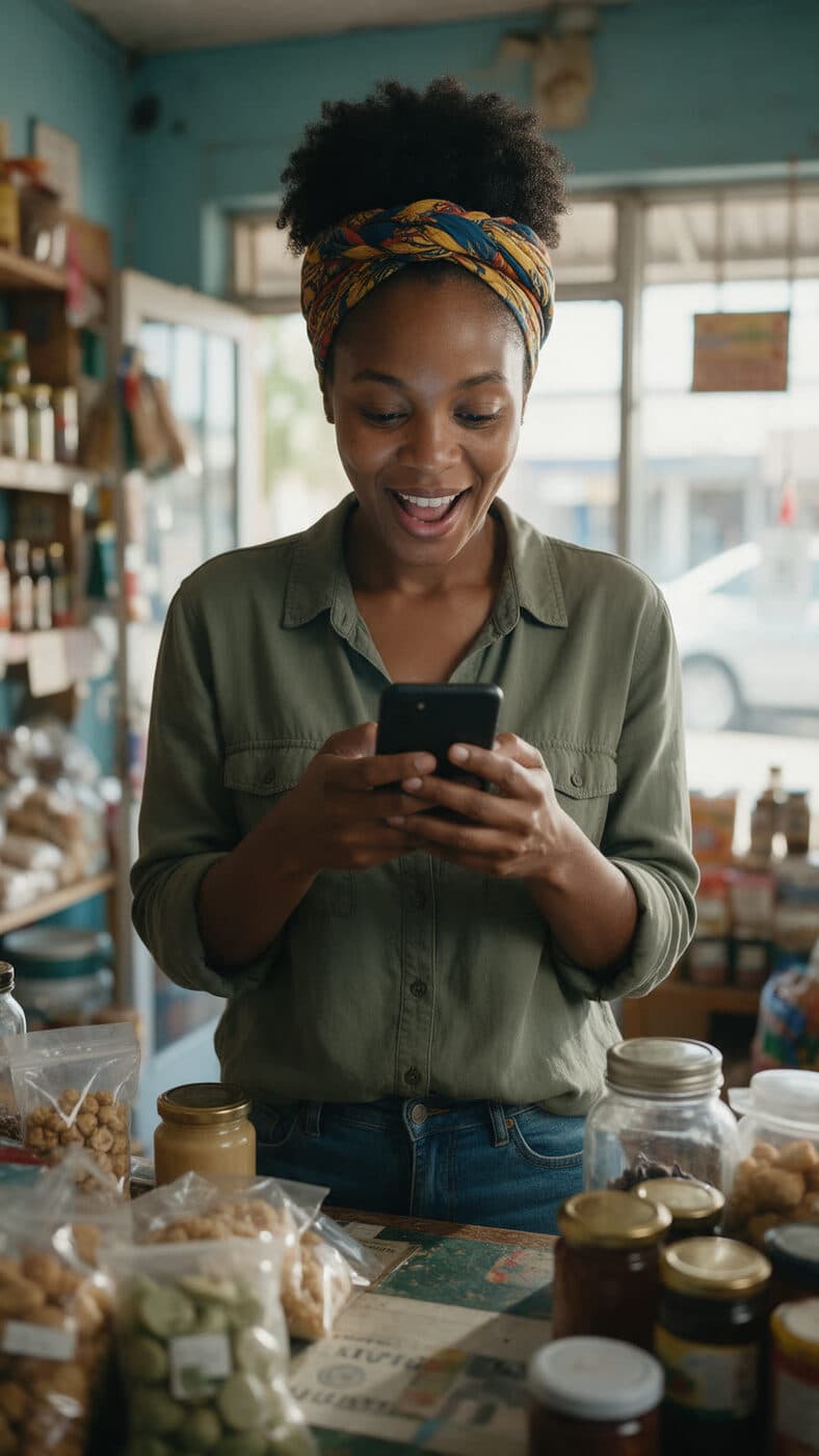 A shop owner smiling at her phone