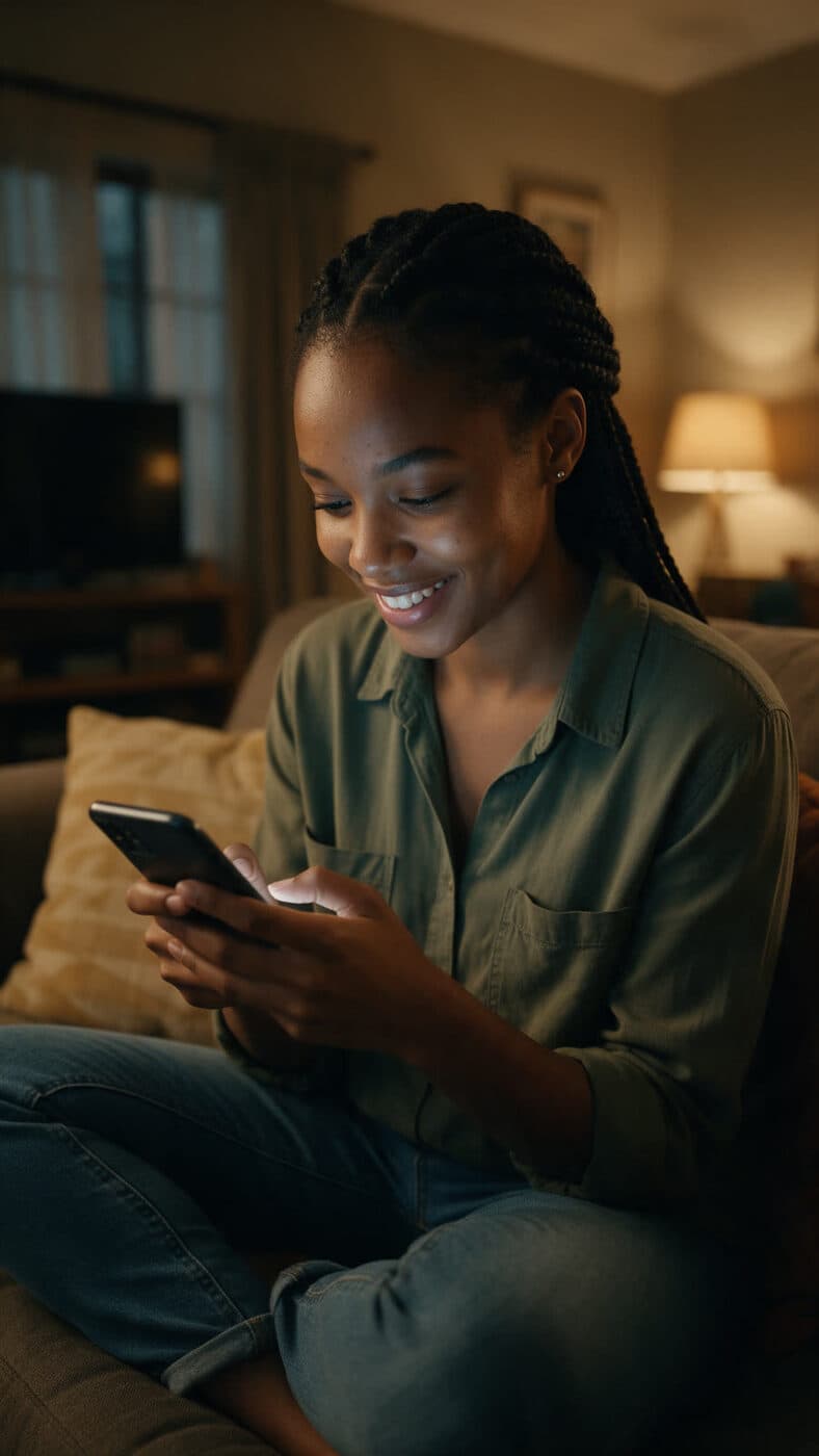 A shop owner checking her orders on her phone at home