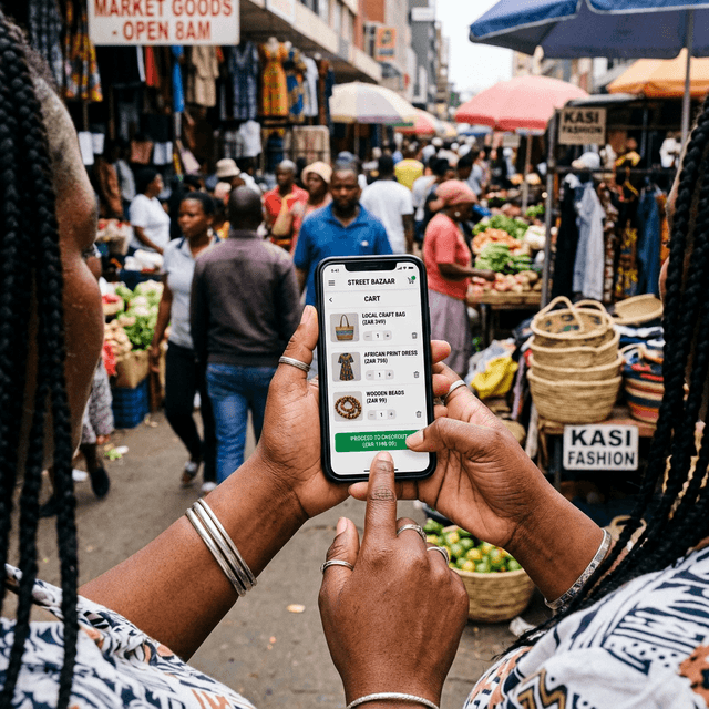 A trader checks her shop on her phone at a busy street market